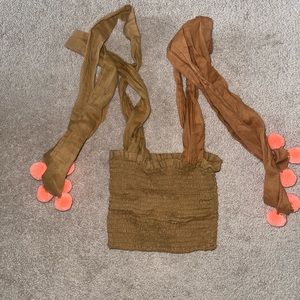 Sundress Tan Crop Top with Pink Poms